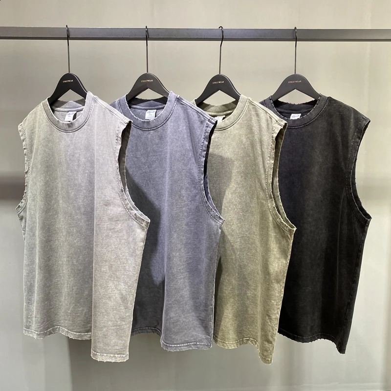 Vintage Streetwear Hip Hop Washed Worn Vest Oversize Casual Sleeveless Tshirt Summer Mens and Womens Waistcoat Top 250319