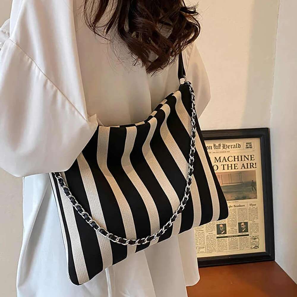 Black White Striped Canvas Tote For Women Large Capacity Chains Shoulder Bags College Student Underarm Bag Casual Crossbody