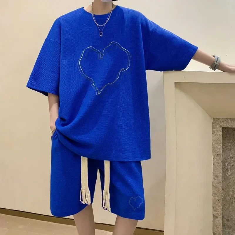 Korean fashion waffle mens summer short sleeved top sportswear tracking suit 2piece printing set 250317