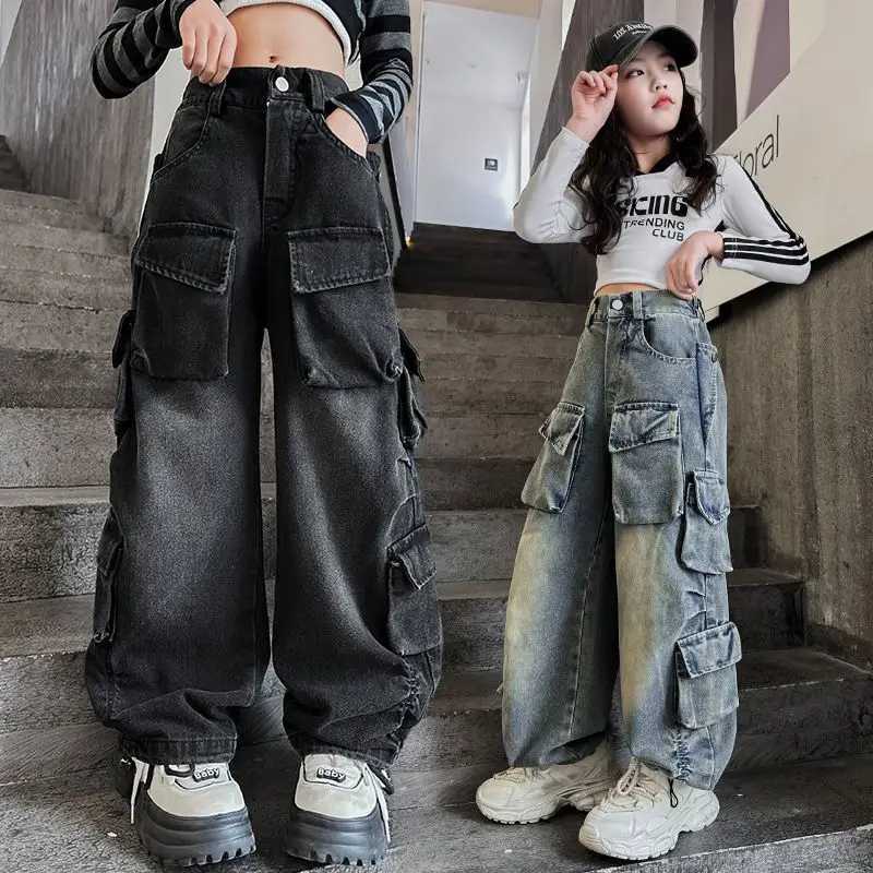 Cargo Jeans for Girls 2024 Spring Loose Casual Elastic Waist Teenage Children Wide Leg Pants Design Streetwear Kids TrousersT250326