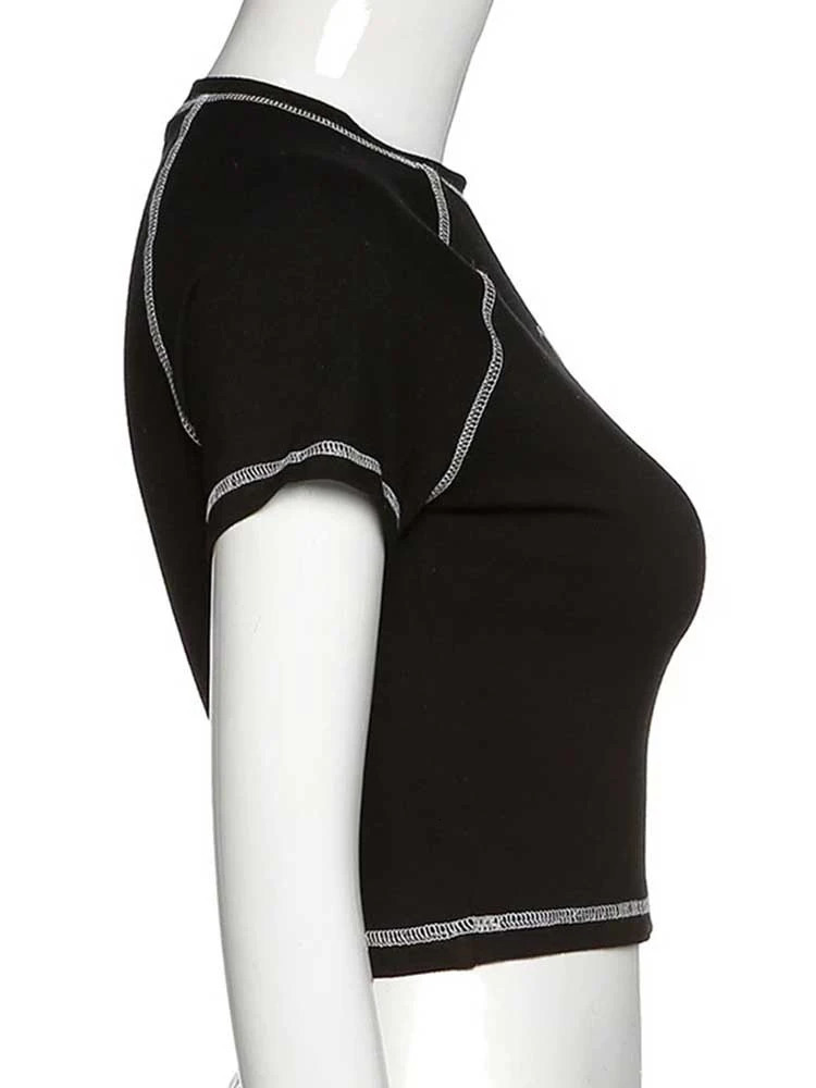 Y2K black sweet slim skull print fun vintage graphic clothes crop top E- 250320