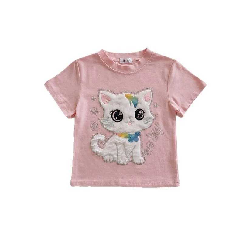 Girls summer round neck short sleeved T-shirt new fashion cat print top girls clothingT250320