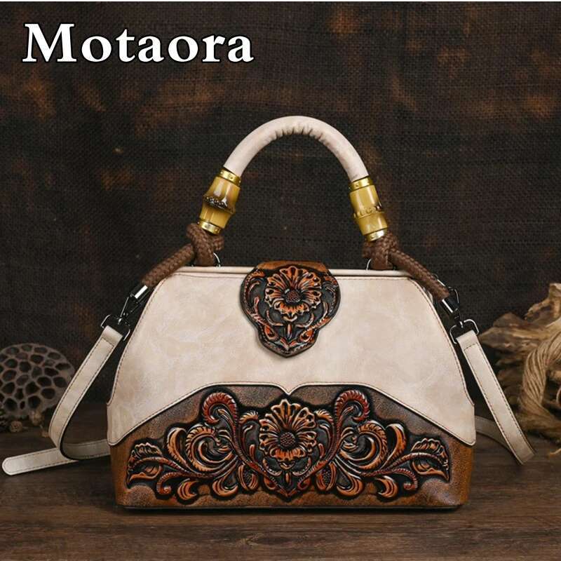 MOTAORA Handmade Handbags For Women Leather Shoulder 2025 New Vintage Carved Ladies Hand Bags Designer Bag