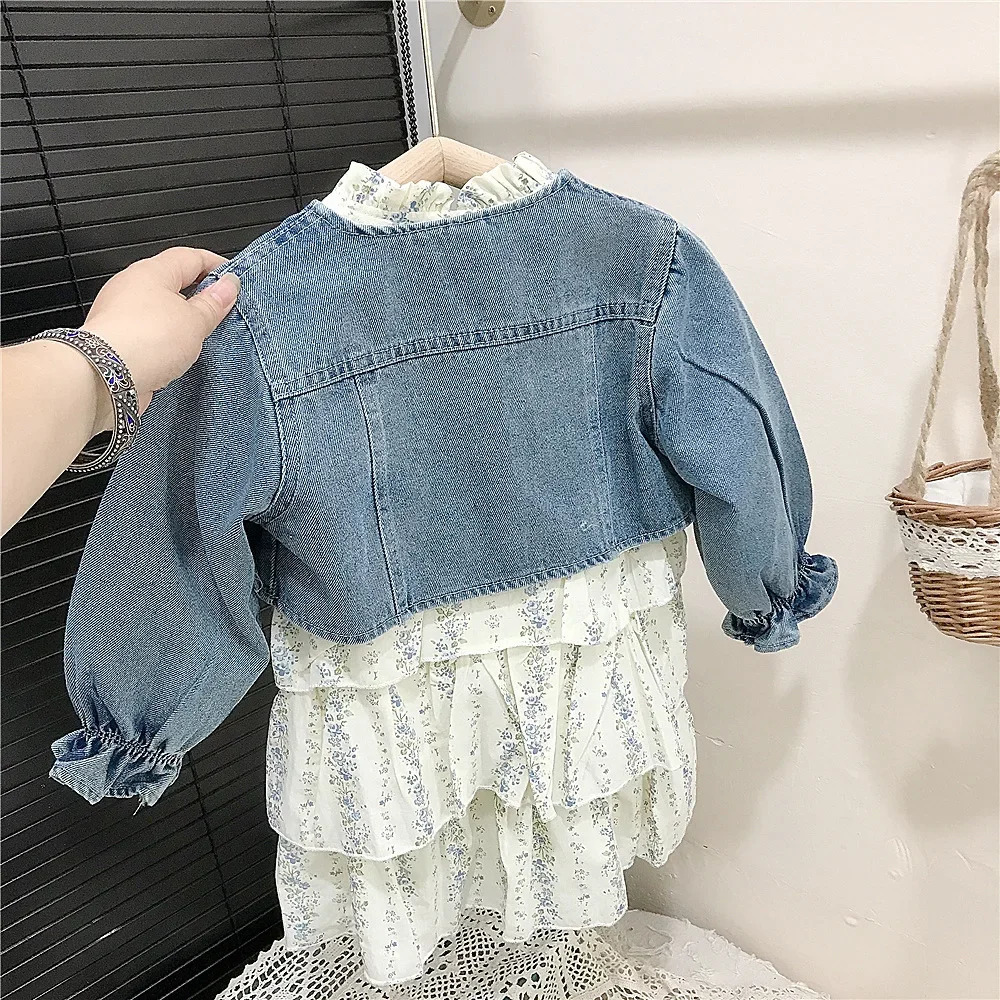 Girl Spring and Autumn Set Fashion Short Cowboy Jacket Flower Dress Two piece Clothes Suitable for Little Girls 250319