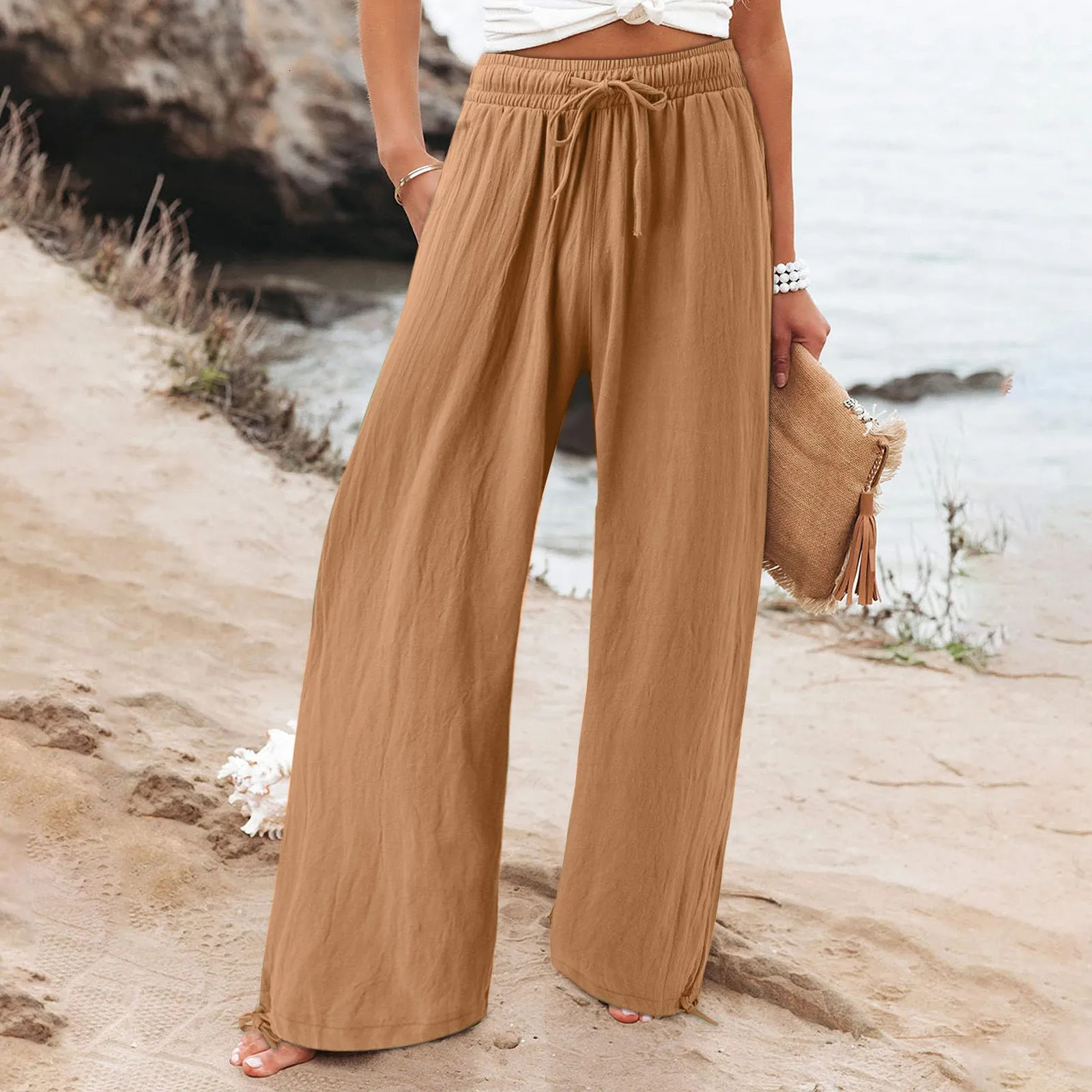 Womens Pant Cotton Linen Pants Drawstring Waist Wide Leg Loose Trousers with Pockets 250320
