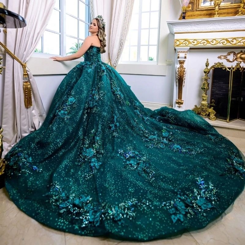 Blackish Green Shiny Princess Ball Gown Quinceanera Dresses Appliques Flower Crystals Beads Party Birthday Sweet 16 Dress Vestidos 15 De Anos