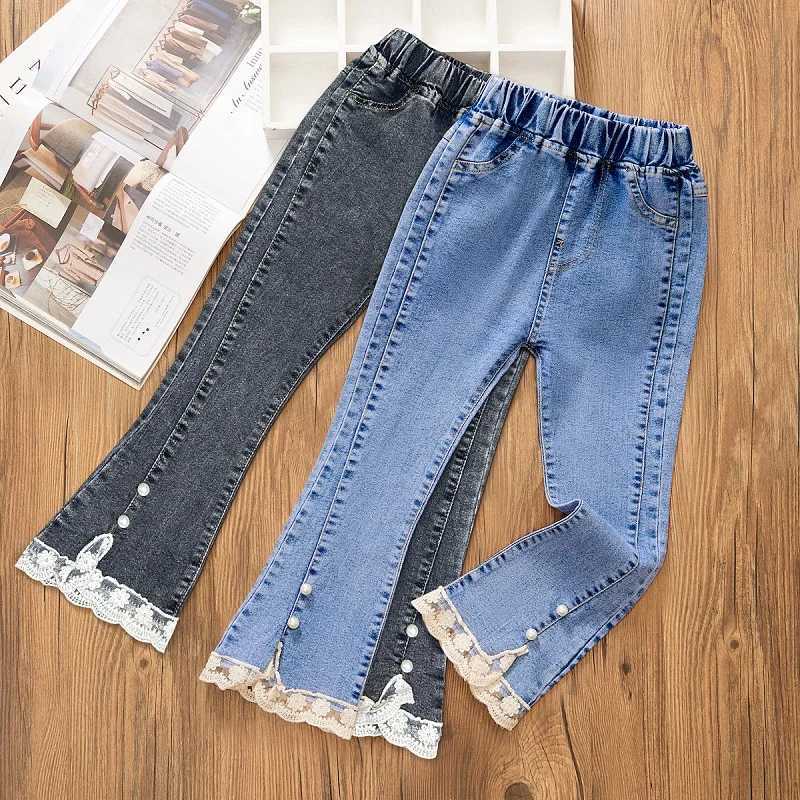 Girls jeans Spring and Autumn new casual 3-12-year-old childrens loose flash pants lace pearl girls jeansT2502320