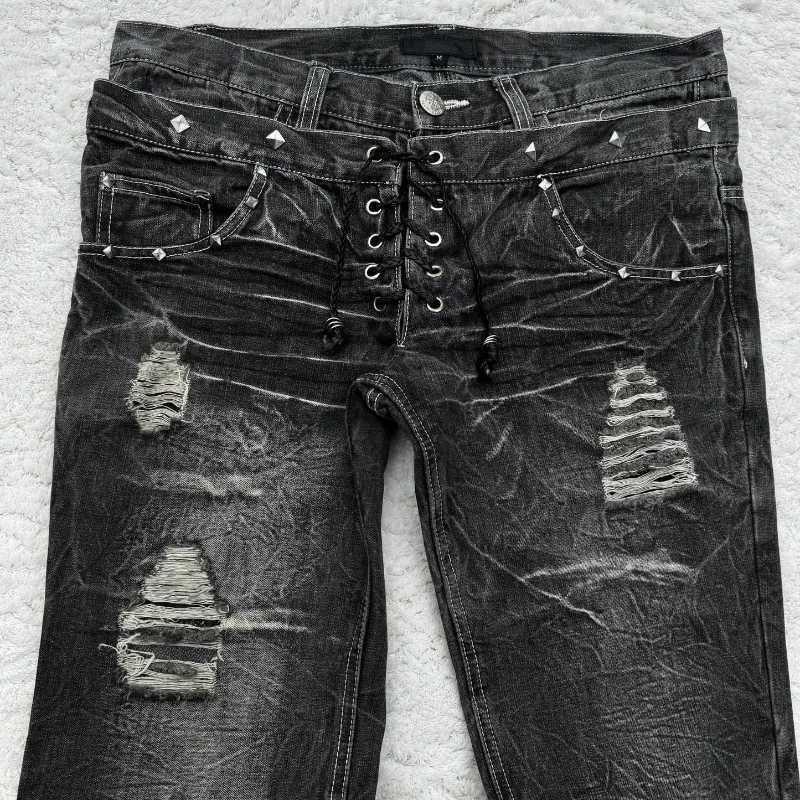 Y2K Washed Jeans Gothic Retro Micro Flared Double Waisted Lace Up Pants Men Women Streetwear High Quality Design Sense TrousersT250319