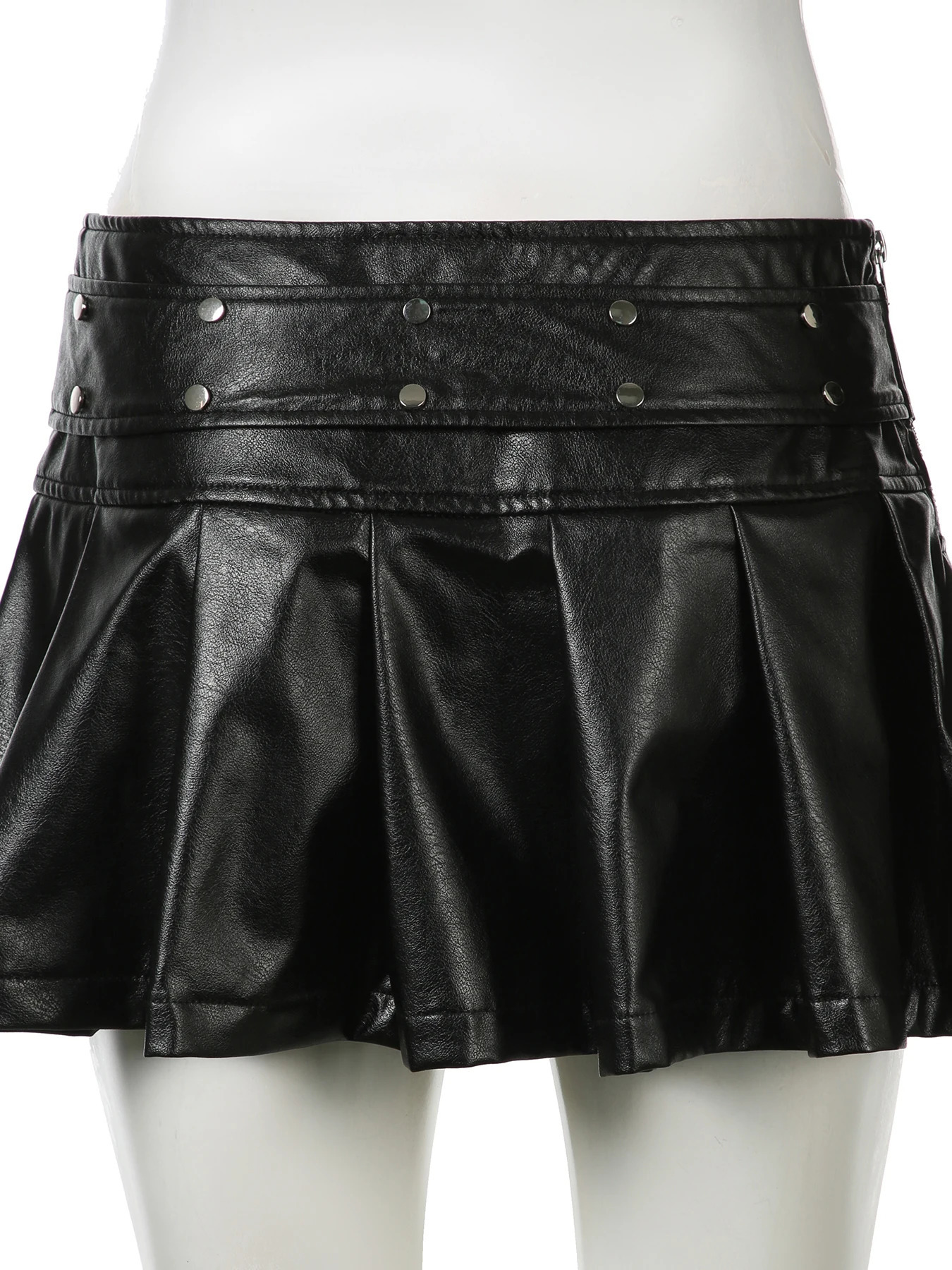 IAMSURE Slim Pu Leather A-Line Pleated Skorts Casual Basic Low-Waisted Super Mini Skirts Women 2025 Spring Summer Fashion Lady 250320