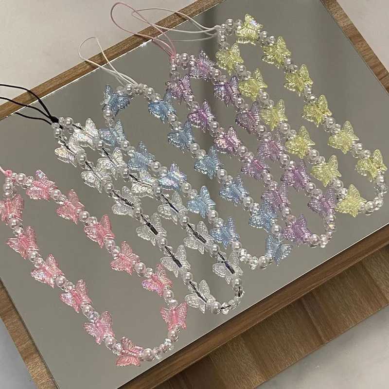 Phone Chain Colorful Butterfly Phone Keychain Tether Sweet Plastic Pearl Phone Strap Anti Loss AccessoriesXJ250319