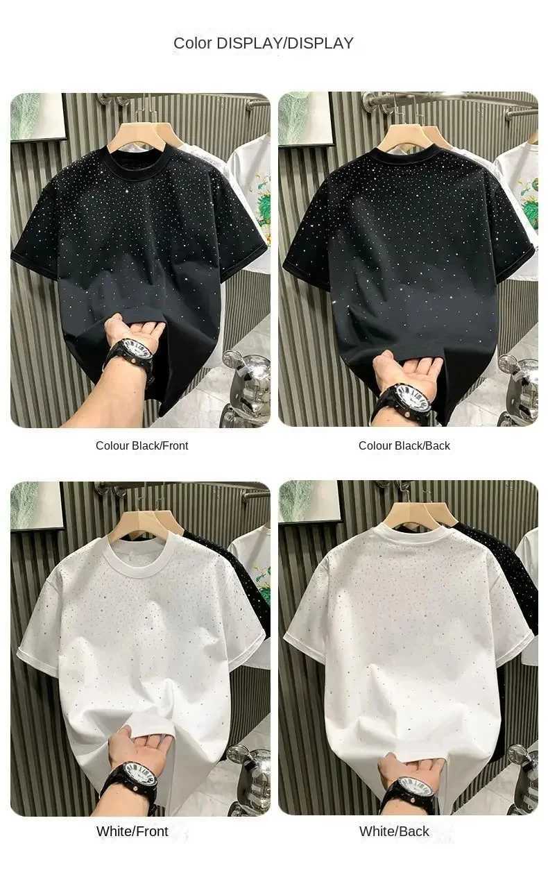 Summer mens clothing summer rhinestone rivet T-shirt round neck casual T-shirt Korean version mens short sleeved T-shirtT250319