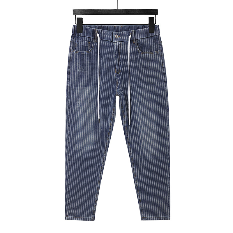 Plus Size 7XL Fashion Stripe Trend Jeans Men's Hip Hop Denim Pants Spring Summer Harem Trousers Men Elastic Waist Bottoms Blue XXXXXL