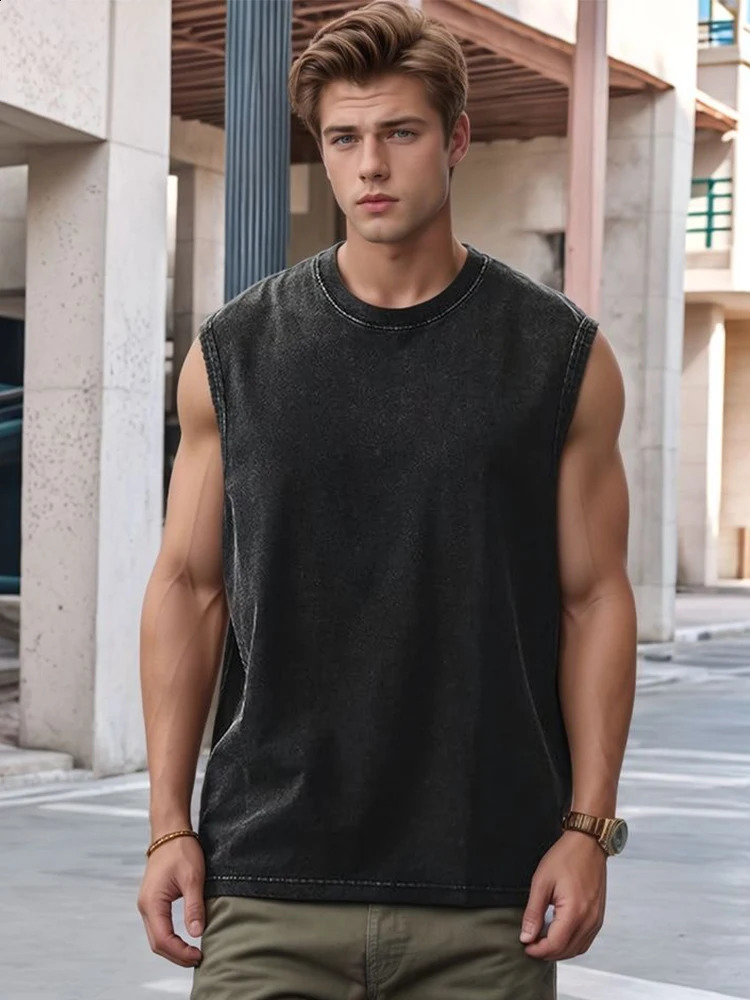 Summer Mens Washed Cotton Tank Tops Muscle Gym Sleeveless Workout T Shirts Running Beach Loose Cutoff Tees 250319