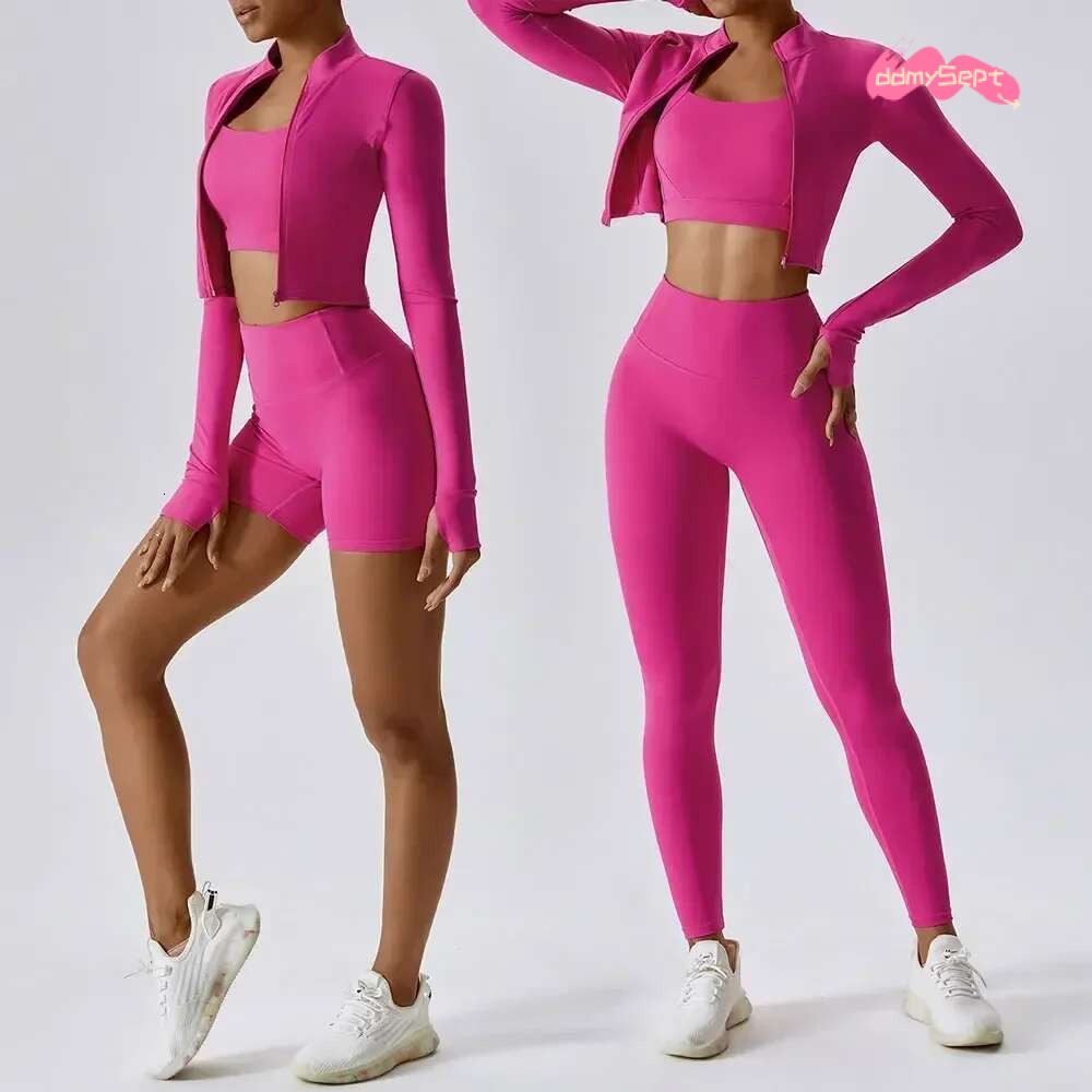 Women's 3-Piece Yoga Set with Bra Jacket Shorts Workout Outfit Naked Feel Fabric for Outdoor Fiess Gym Pilates Activewear ddmySept