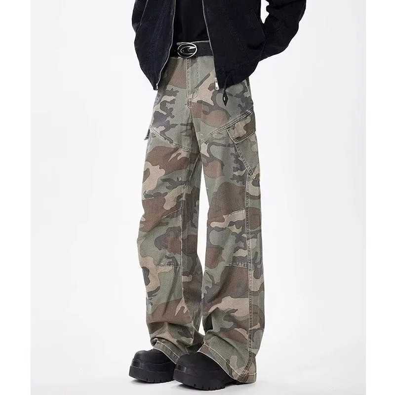 American style retro camouflage unisex pants 2025 Ropa Y2K mens new washed pure cotton straight wide leg pantsT250319