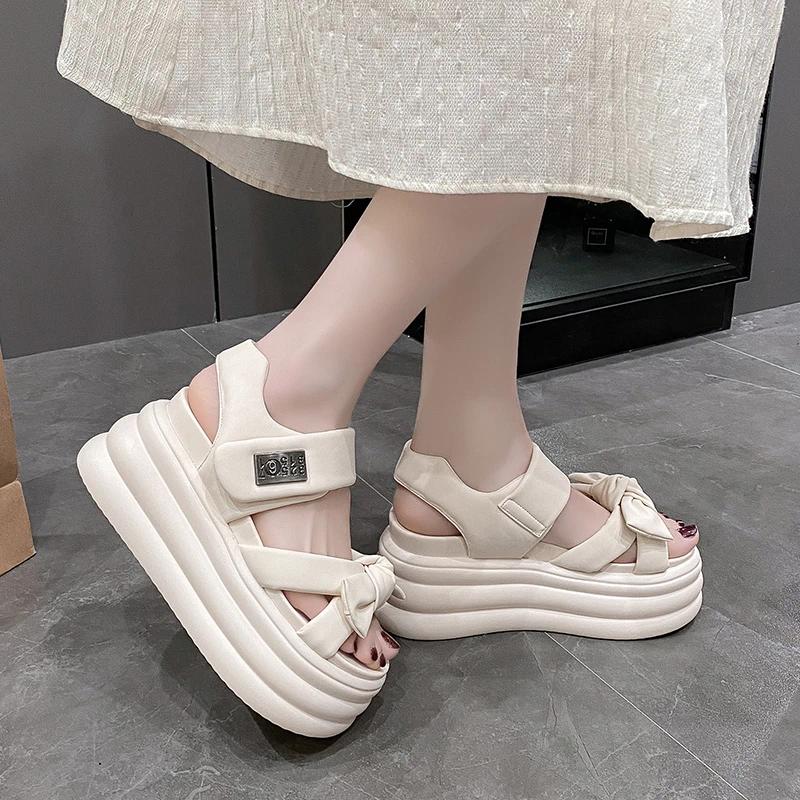 Sandals 8CM High Platform Women Summer Breathable Heels Ladies Leather Sneakers Wedges Chunky Slippers Sandalias Mujer