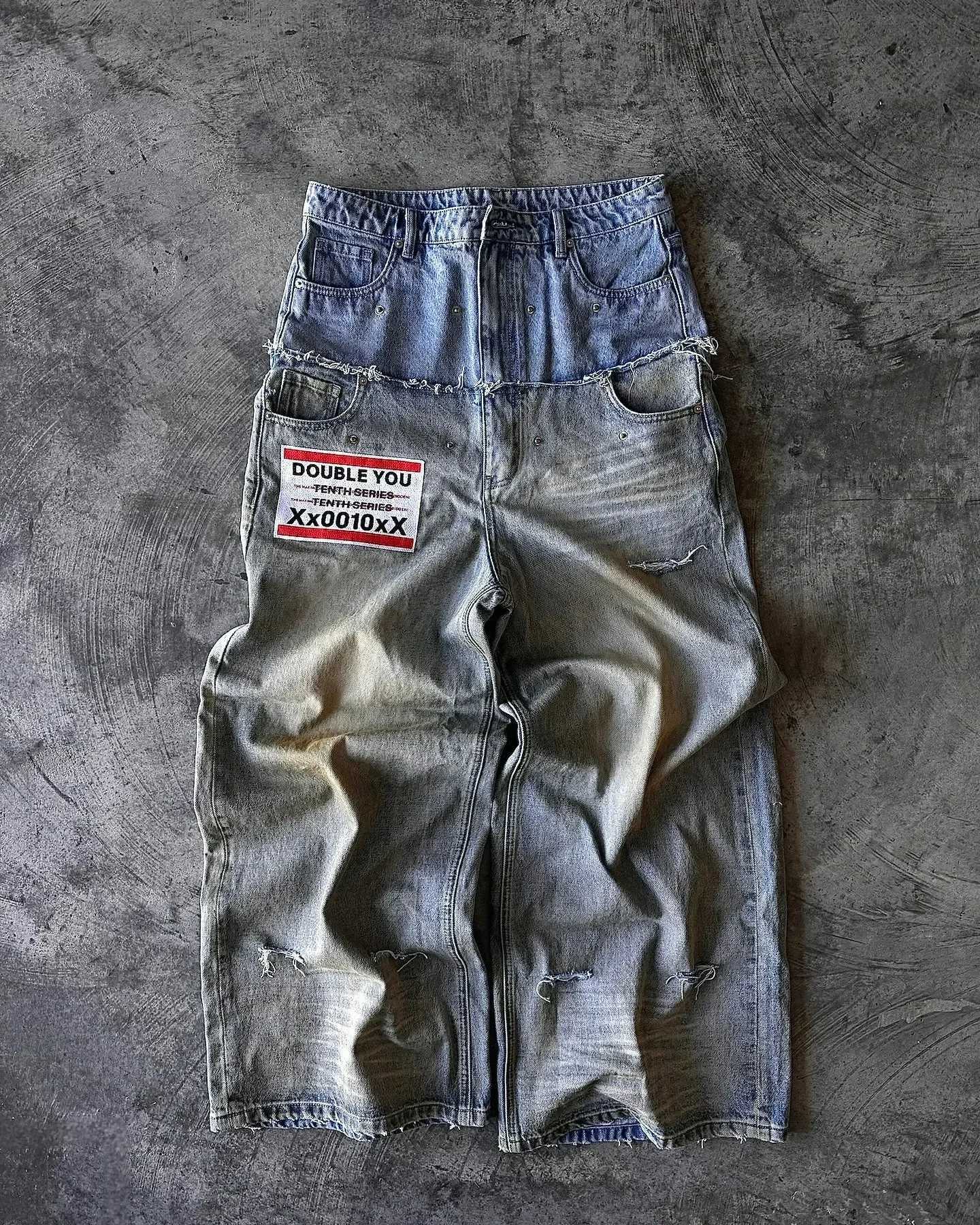 Loose open collar mens jeans Y2k spliced double waist jeans punk Harajuku wide leg pants street fashion jeans straight knit jeansT250319