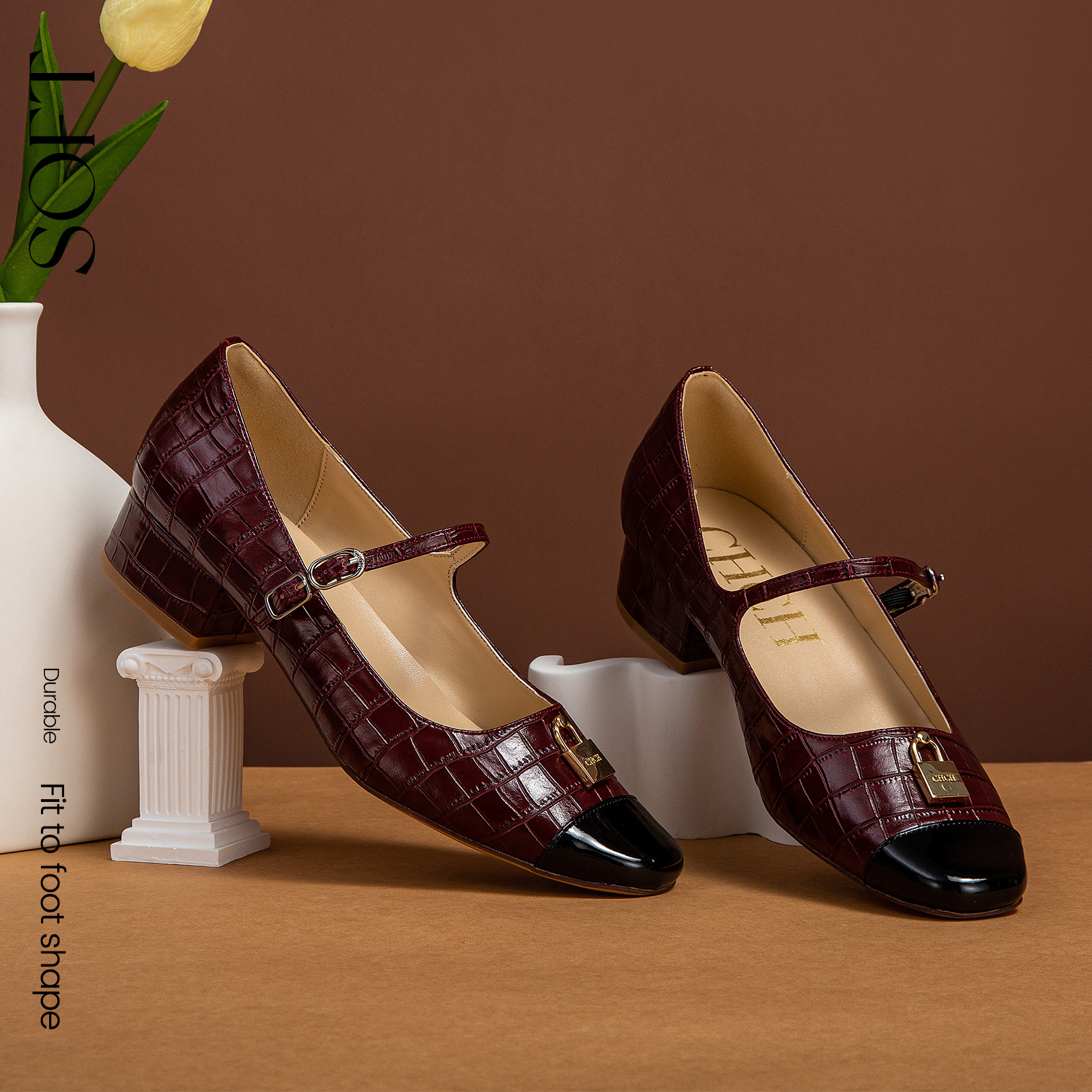 Designer CHCH French Coarse Heel Shallow Mouth With One Word Strap Mary Jane Shoes Small Fragrant Style Classic Splicing Women's Single Shoe