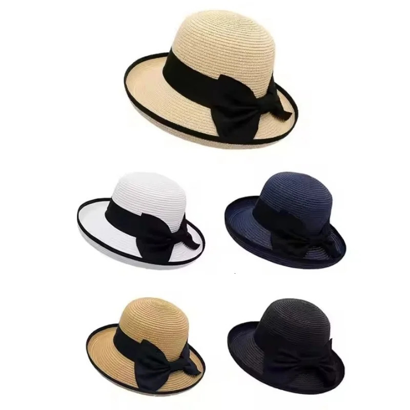 Spring Summer Woven Straw Hat Women Fashion Curled Edge Bow Fishing Hats for Travel Sun Protection Beach Sun Cap 250320