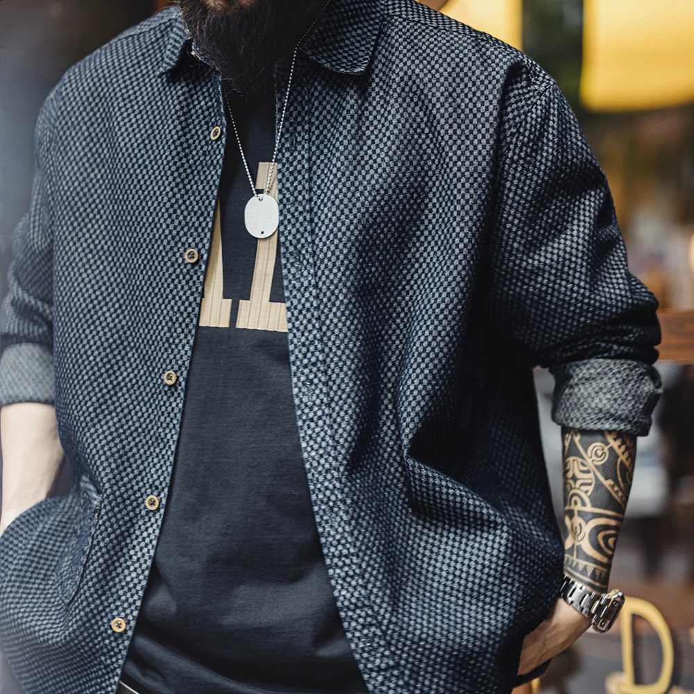 Maden Retro Checkered Longsleeved Denim Shirt Loose Lapel Singlebreasted Jacket for Men Spring and Fall Versatile Outerwear 250317