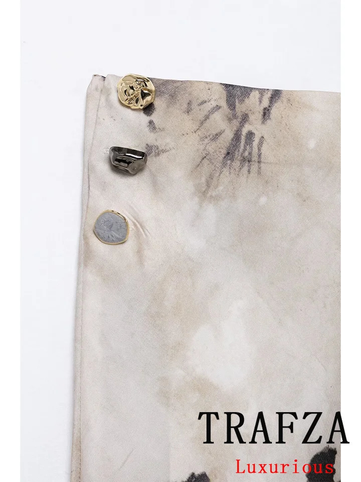 TRAFZA Retro Casual Chic Satin Womens Set Flower Printed Long Sleeve Shirt Fashion 2025 SpringSummer Silk 250320