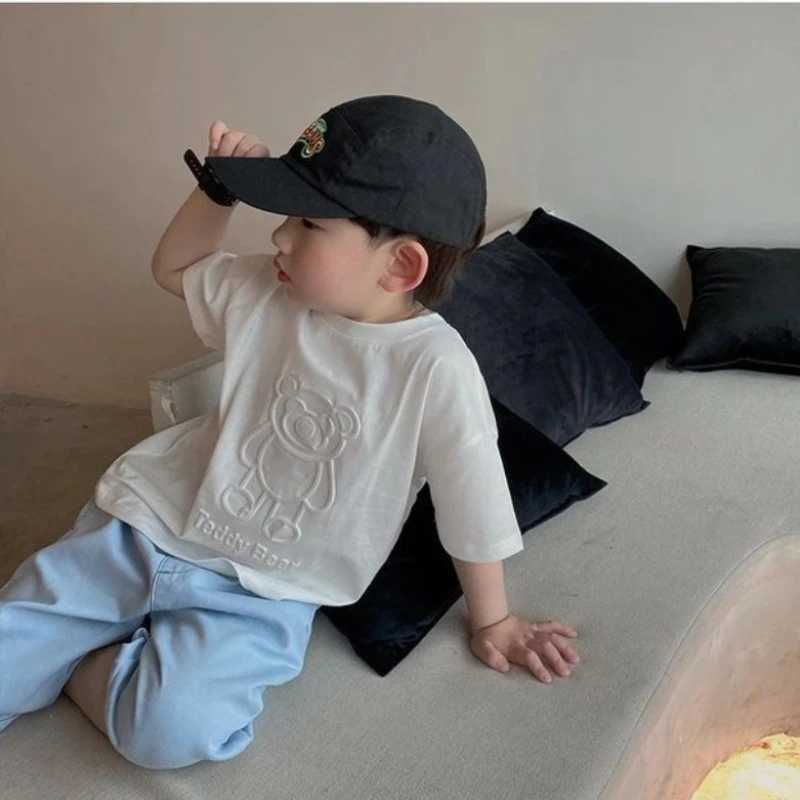Baby boys and girls summer cartoon bear short sleeved T-shirt childrens staff collar embroidery top-level childrens casual streetwearT250320