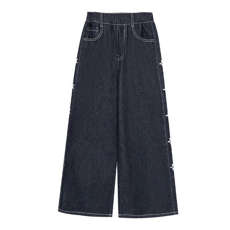Girls Warm and Thick Jeans Autumn Winter Kids FIve Star Design Trousers Teen Childrens Fleece Lined Loose Wide-leg Denim PantsT250326