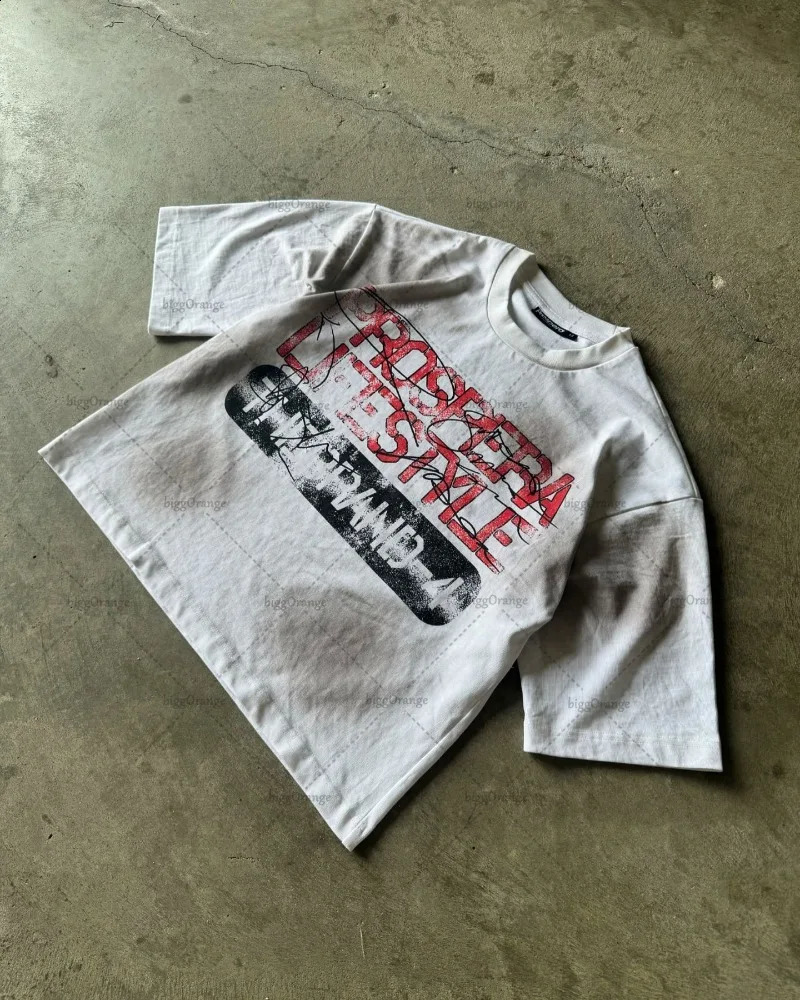 Distressed Oversized T-shirt Y2K Harajuku Punk Alphabet Printed Short Sleeve Mens Hip Hop Trendy Casual Top 250317