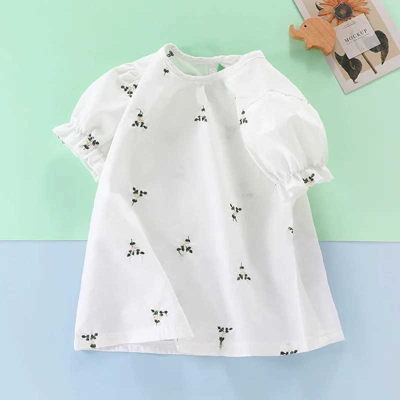 Girls T-shirt Summer Dress Baby Girl Korean Half Sleeve Fashion Flower Sleeve Childrens Pure Cotton Bottom TopT250320