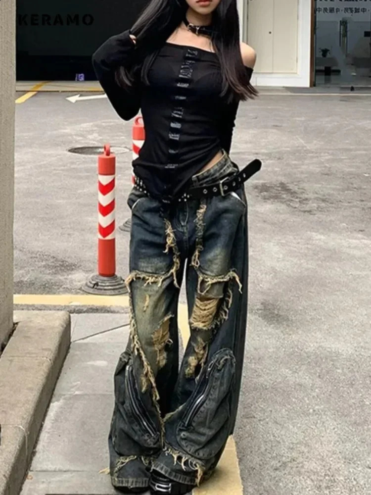 Winter Punk Sexy Retro Tear Harajuku Loose Jeans Y2K Hollow Garbage Pants Womens BaggyTassels Cowboy Trouser 250314