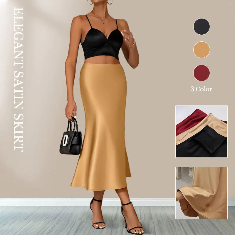 Women Satin Solid Pleated Midi Skirt Vintage Mid Elastic Waist Female Chic Lady Skirts Black Gold Red Satin Skort Beach A Line 250320