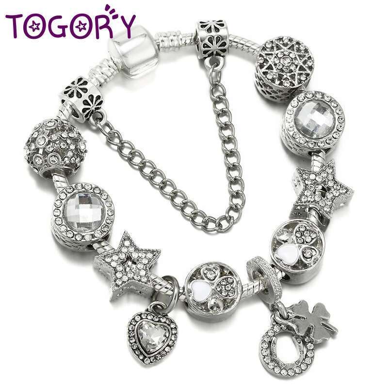 Vintage Silver Crystal Lucky Grass Star Beads Pendant DIY Snake Chain Charm Bracelet For Women Lover Party High Quality Jewelry