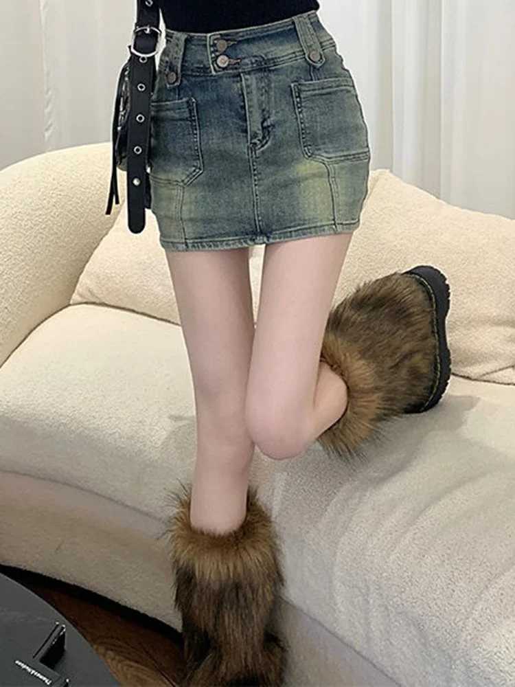 Fe Korean Retro High Waist Baggy Short Skirts Girls Fashion Elastic A Line Denim Dress Woman Large Size Yellow Mini SkirXJ250320