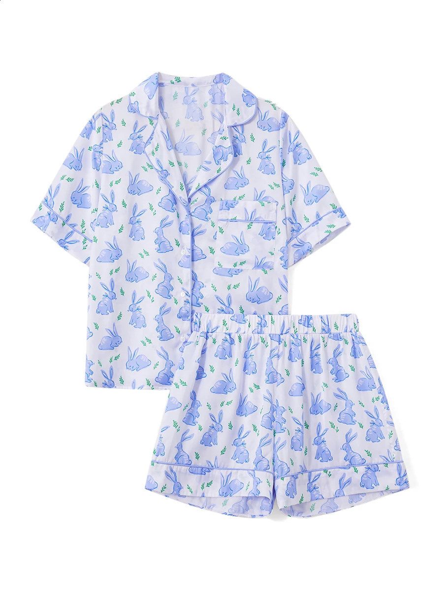 Women 2 Piece Y2k Rabbit Print Pajama Set Short Sleeve Lapel Collared Button Down Shirt Shorts Pjs Lounge Easter Day Sleepwear 250319