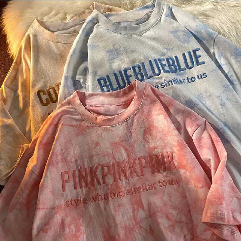 Tie dye embroidered short sleeved shirt Korean fashion trend womens T-shirt summer new 2024 fashion Y2K topT250320