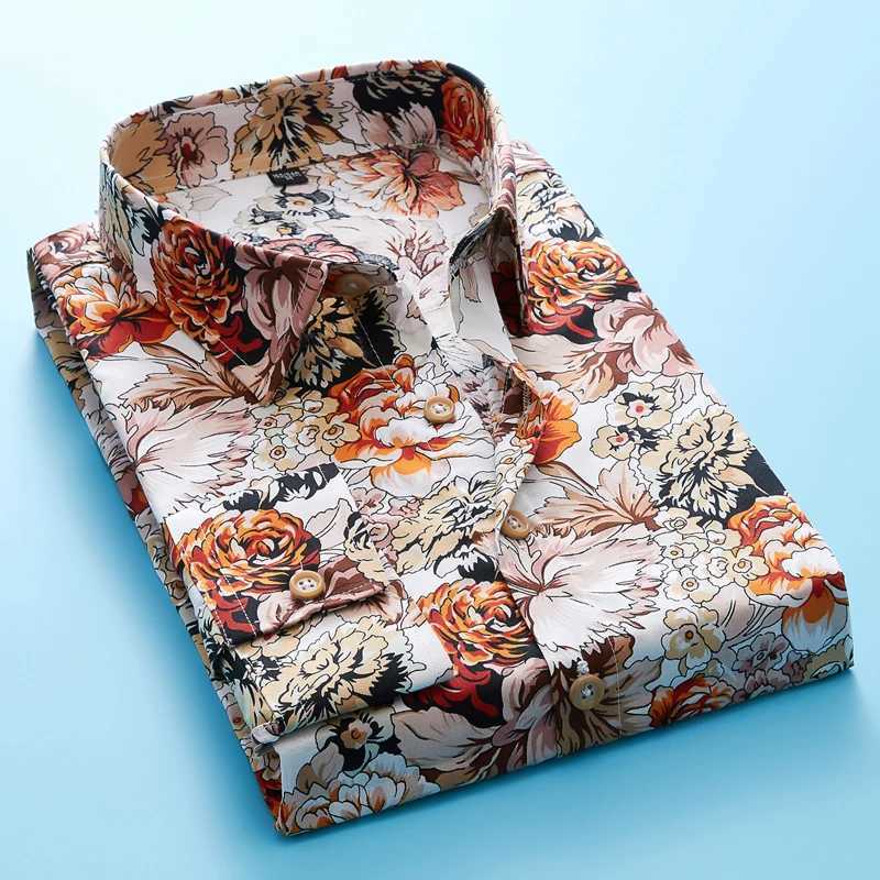 Size M-5XL New Summer Mens Long Sleeve Hawaiian Shirt Cotton Casual Flower Shirt Wave Regular Mens Clothing Fashion CS11 M250320