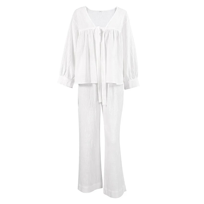 Elegant Women's Long Sleeved PJs Lightweight Double Crepe Home Loungewear Set