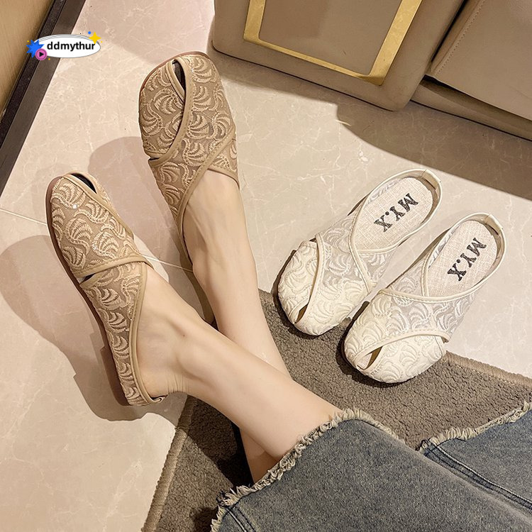Chinese embroidered comfortable bun half trailer 2024 summer new flat bottomed ethnic style casual slippers for external wear