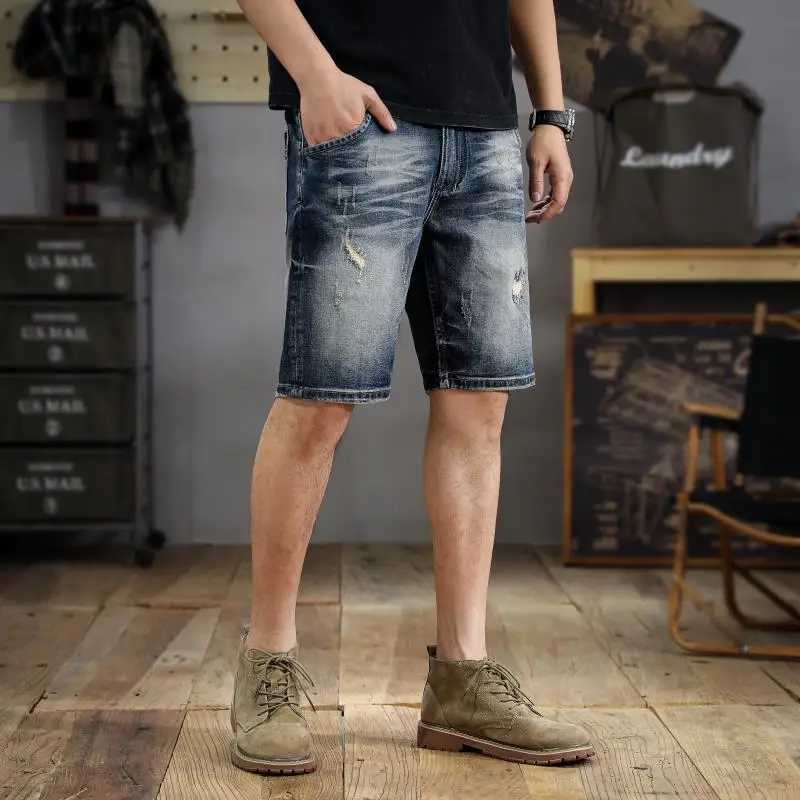 New American Fashion Vintage Wash Scratch Hole Denim Shorts Mens Slim Straight Five Minute Trousers Gangster Handmade W250319