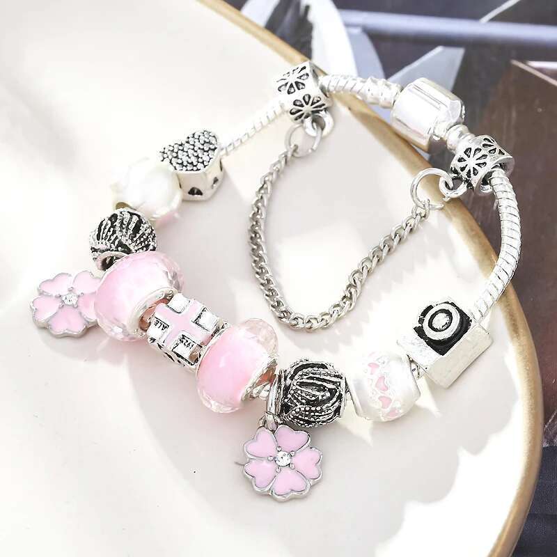 Silver Plated Snake Chain Charm Bracelets With Pink Flower Murano Glass Beads DIY Brand Bracelets for Women Jewelry Gift