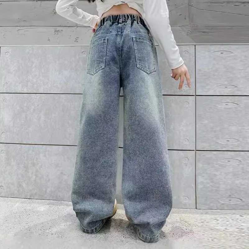 Fashion Girls Wide Leg Pants Jeans New Spring Autumn Kids Blue Denim Trouser Womens Loose Jeans Childrens School ClothingT250326