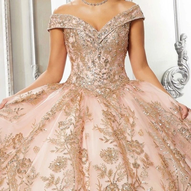 Rose Gold Shiny Ball Gown Quinceanera Dresses Sequin Appliques Lace Beads Tull Off Shoulder Sweet 16 Dress Vestidos 15 De XV Anos