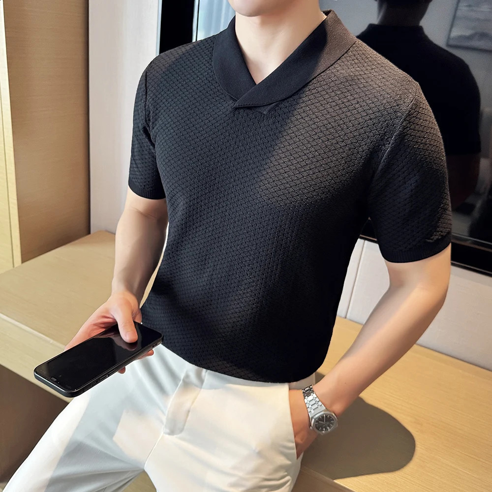 Cuban Collar Knitted Fabric POLO Shirt Mens Summer Short-sleeved Pullover T-shirt Shirt White Green Black Men Top M L XL XXXL 250317