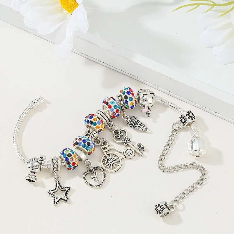 2024 Trendy Crystal Colorful Beads Charm Bracelet With Star Heart Key Bike Pendant For Women Kids Female Fashion Jewelry Gift