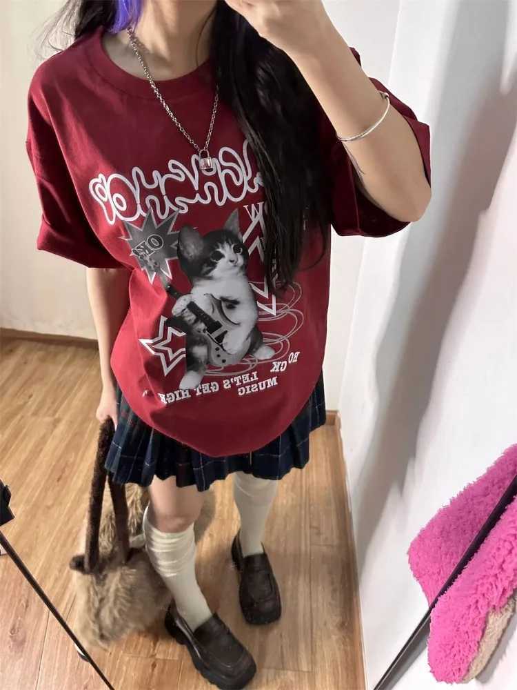 Houzhou Kawaii Cat Printed Red T-shirt Womens Harajuku Super Punk Style Top Cute Graphic Short Sleeve T-shirt Cotton CasualT250320