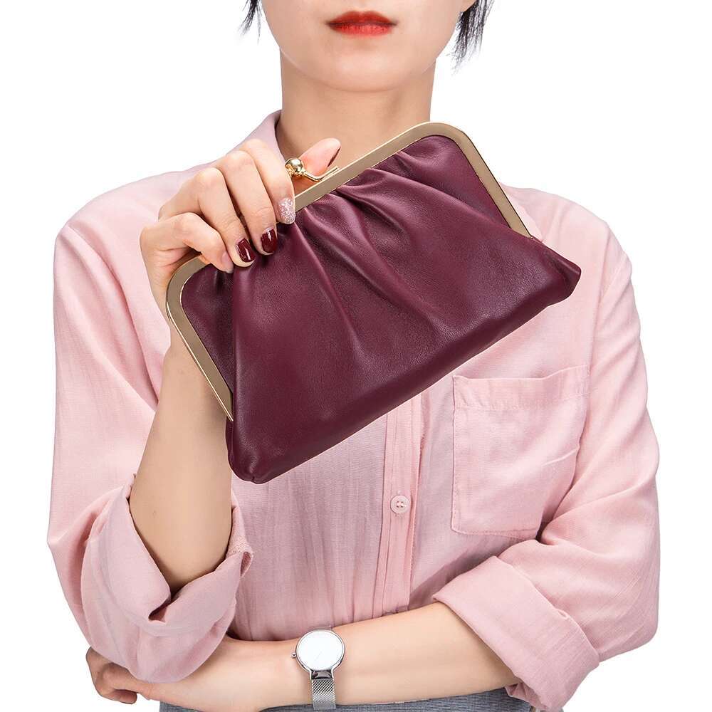 2021 New Women Genuine Leather Clutch Wallet Cell Phone Purse Fashion Kiss Lock Evening Bag With Chain Shoulder Belt