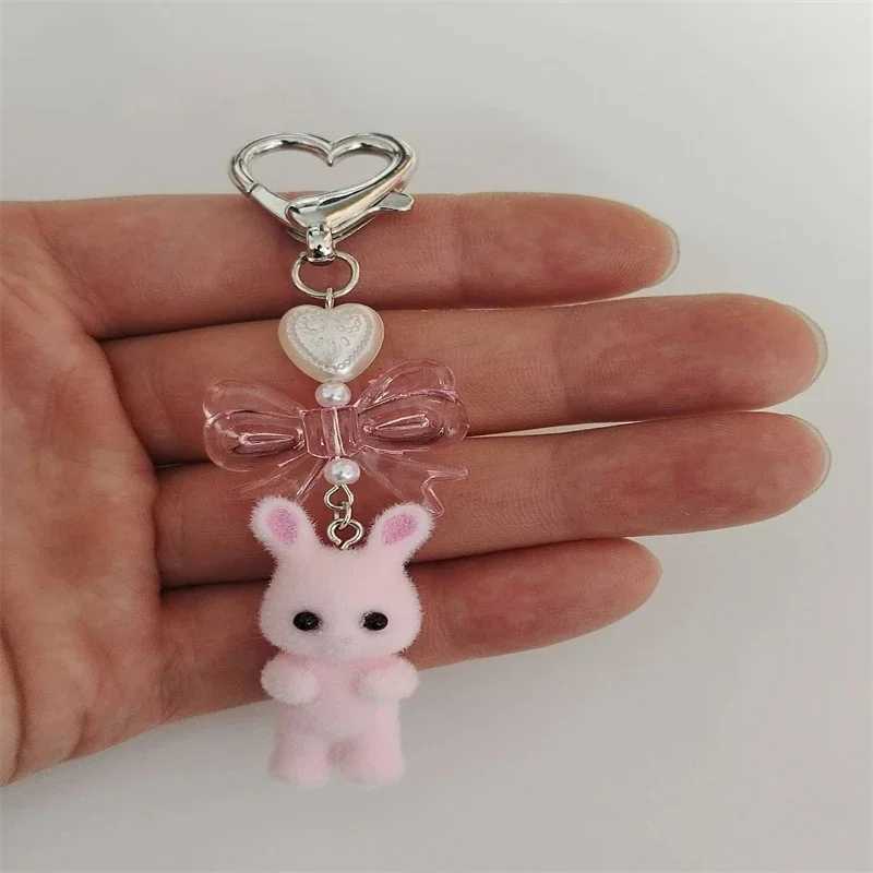 Cute fuzzy white bunny heart bow key chainrabbit trinket animal kawaii keychainpink bowpearl heartXJ250319