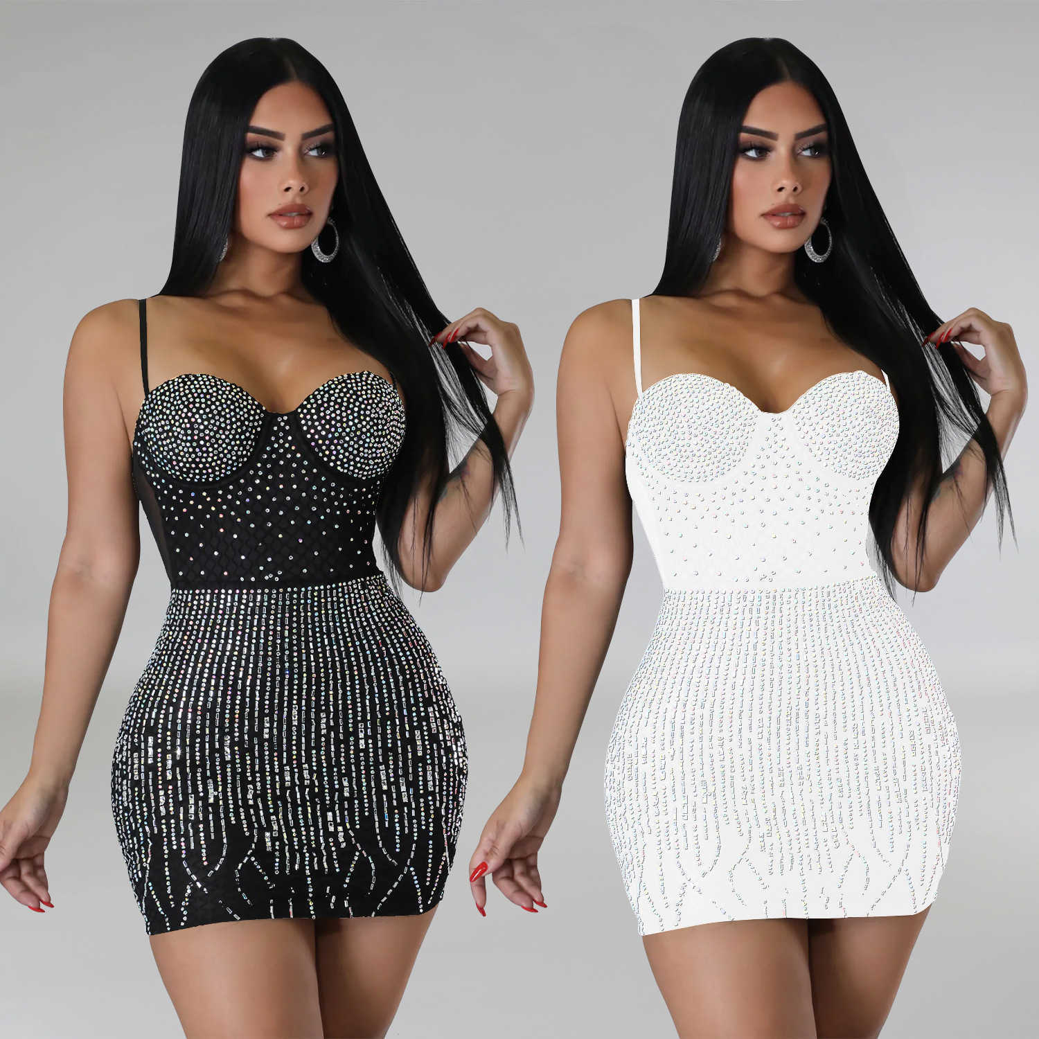 Fashion Women's Mesh Hot Diamond Sleeveless Suspended Short Dress 250315