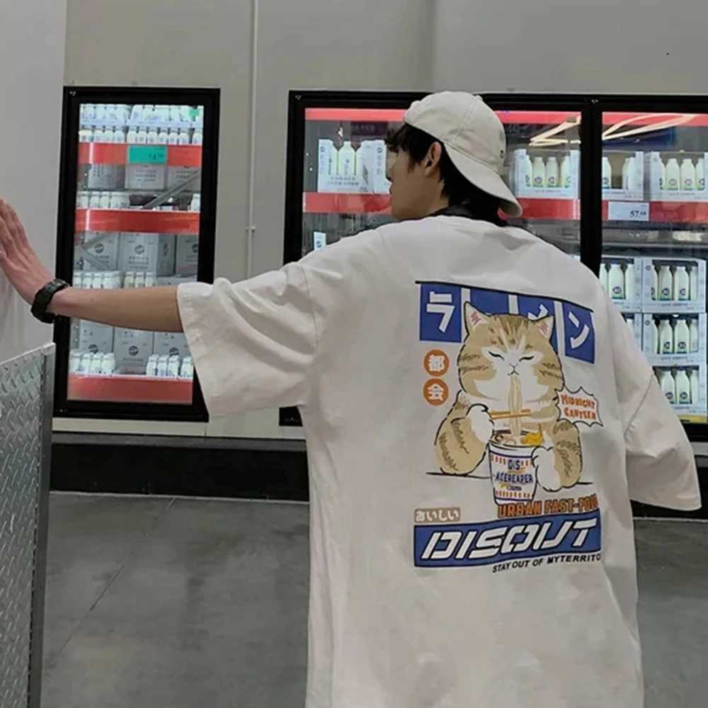 Harajuku cat cartoon noodle graphic mens T-shirt casual short sleeved T-shirt Japanese style oversized T-shirtT250319
