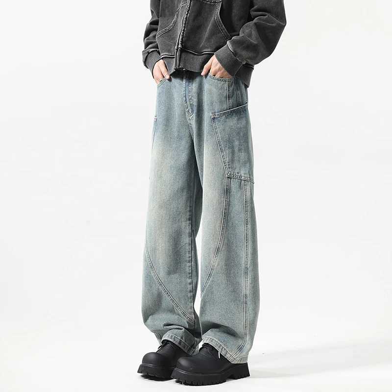 IEFB Korean Style Mens Machete Pants Denim Side Pockets Patchwork Pants Solid Color Casual Loose Straight Male Jeans Chic 9W505T250319